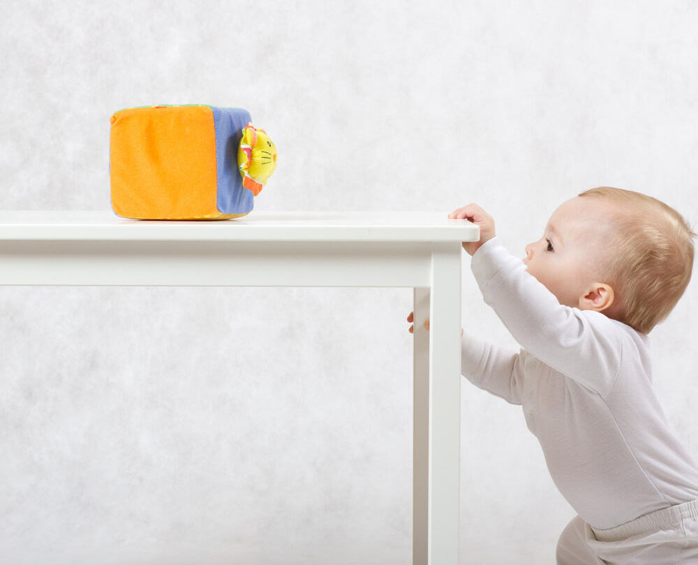 A colorful toy on a table piqued a crawling baby’s interest.