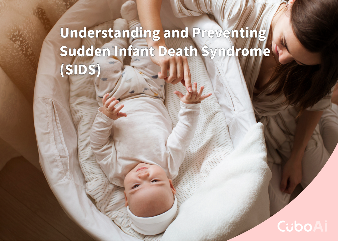 Baby lying in an empty, safe crib with a caregiver next to the baby.