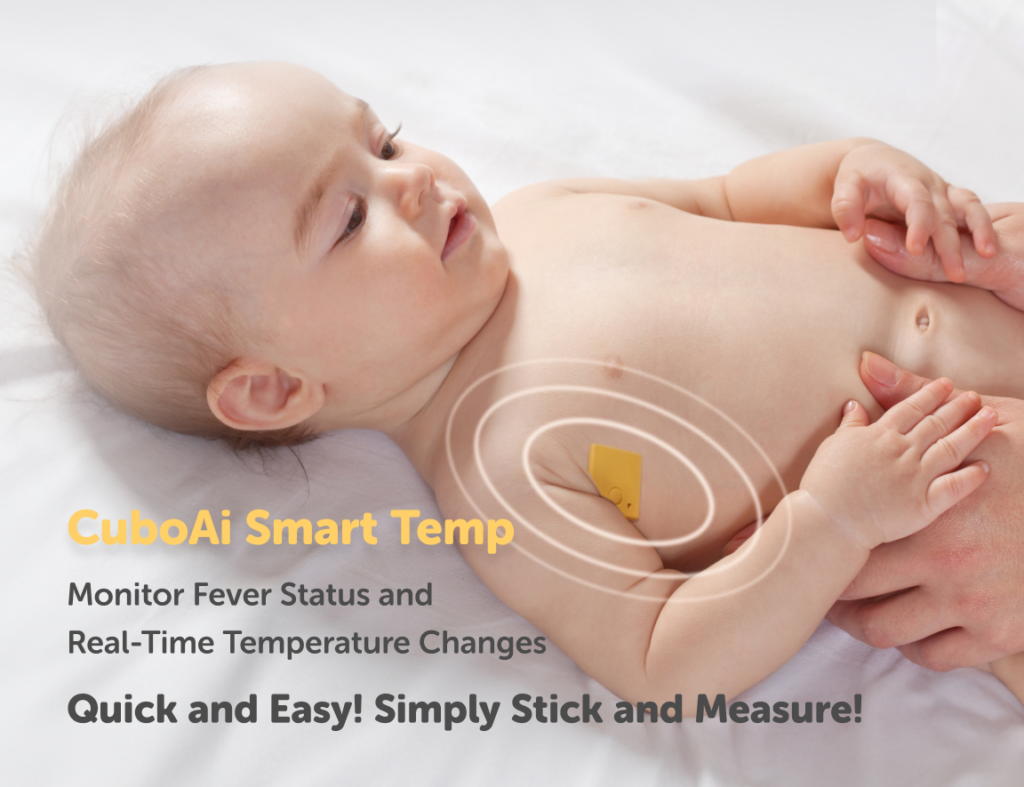 The image showcases a baby wearing a CuboAi temperature monitoring patch, with text