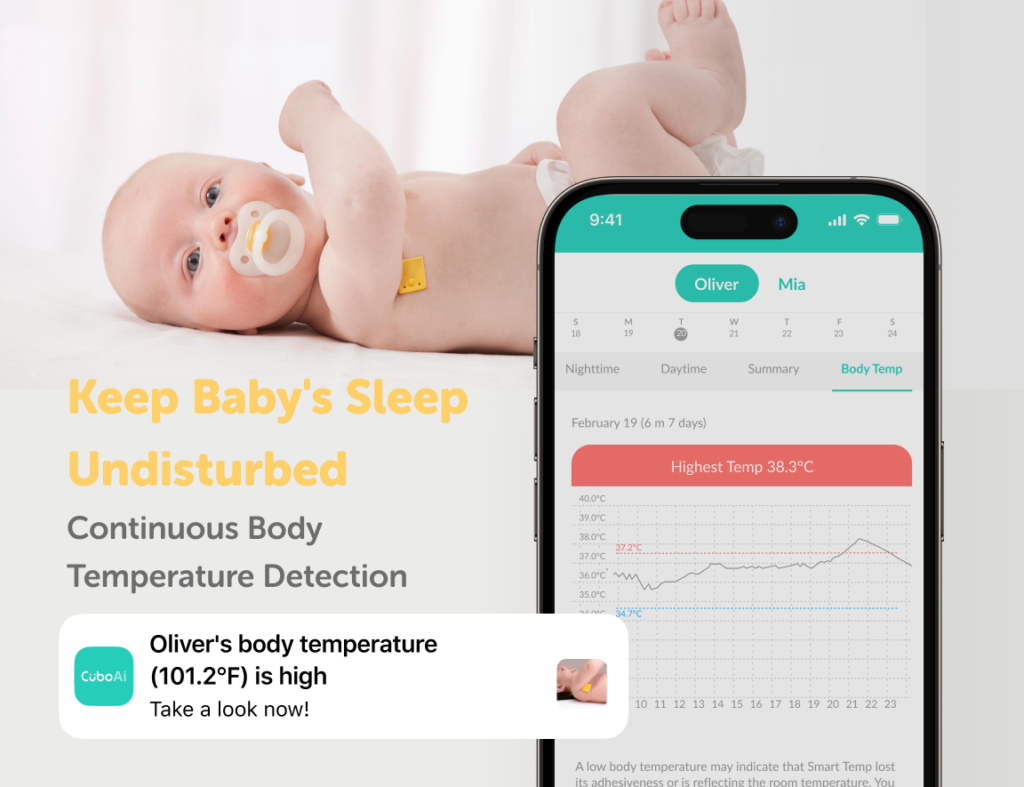 a baby lying down with a temperature sensor placed under the armpit, and a smartphone screen displaying CuboAi's temperature monitoring app section, alerting parents that their baby, Oliver, has an unusually high body temperature (38°C).